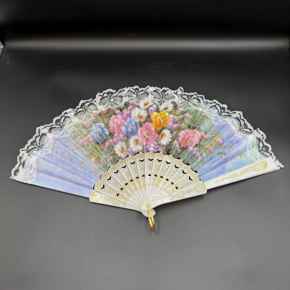 Vintage Decorative Spanish Style Folding Fan Floral Printed Fabric Lace Trim
